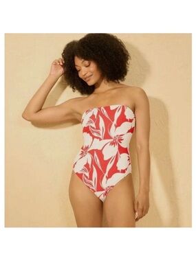 Shade and Shore Strapless Red & White Floral One-Piece Swimsuit L NWT